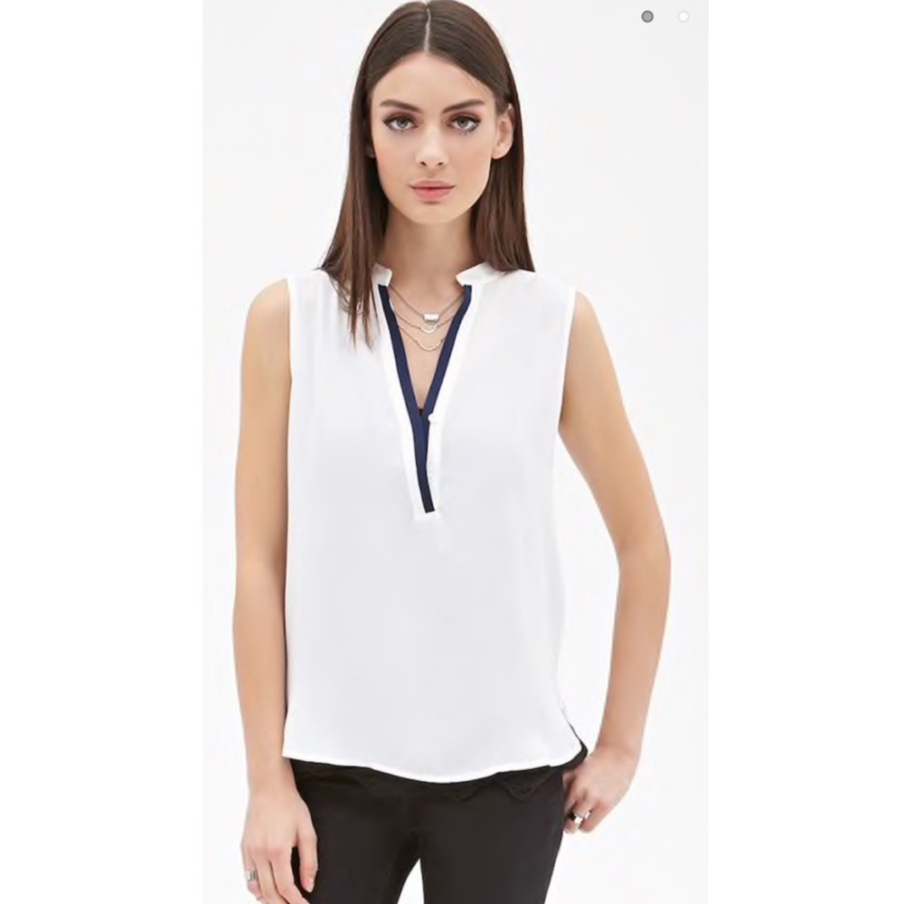 Contrast-Trim Split Neck Top